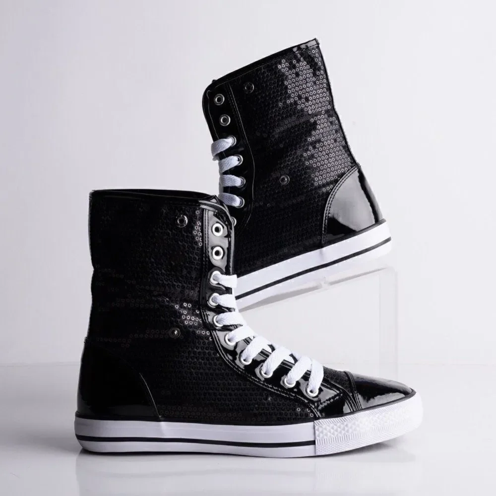 Double Platinum Womens Black Destiny High Top Sequin Sneaker Shoes US 8.5 New